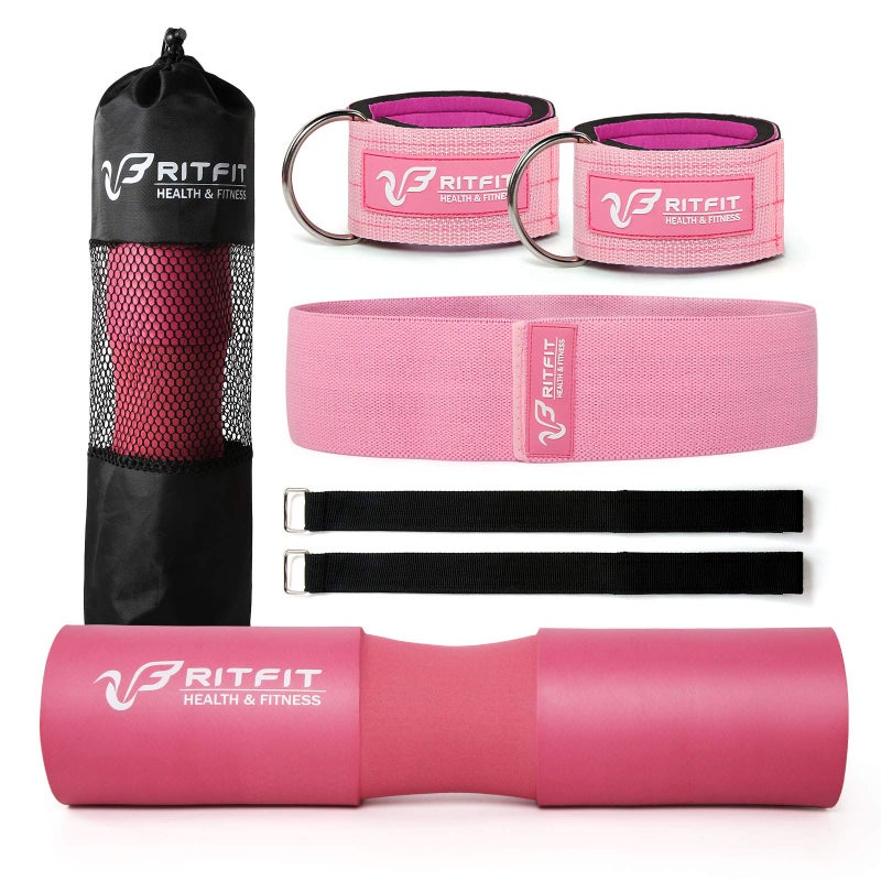 RitFit Upgraded 7 Pack Barbell Squat Pad Set with Resistance Band,2 Safety Straps,2 Gym Ankle Straps and Carry Bag,Workout for Lunges, Hip Thrusts,Protect Neck Shoulder(Pink) - Image 1
